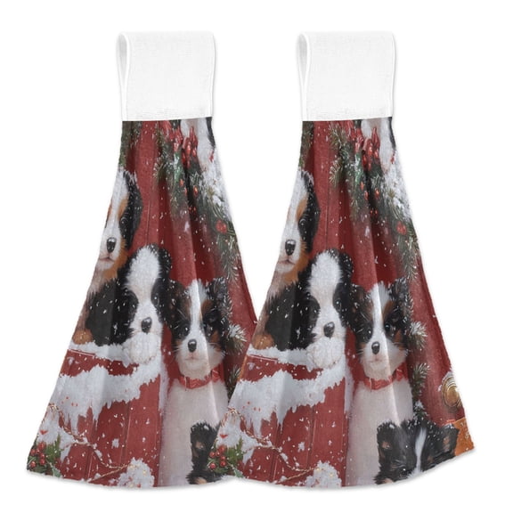 BZSMCE Hanging Hand Towels Fashion Whimsical Puppies in Snow Pattern 2-Pack - Velcro Style Bathroom Kitchen Towels