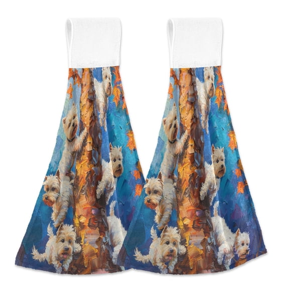 BZSMCE Hanging Hand Towels Fashion Whimsical Pups in Autumn Pattern 2-Pack - Velcro Style Bathroom Kitchen Towels