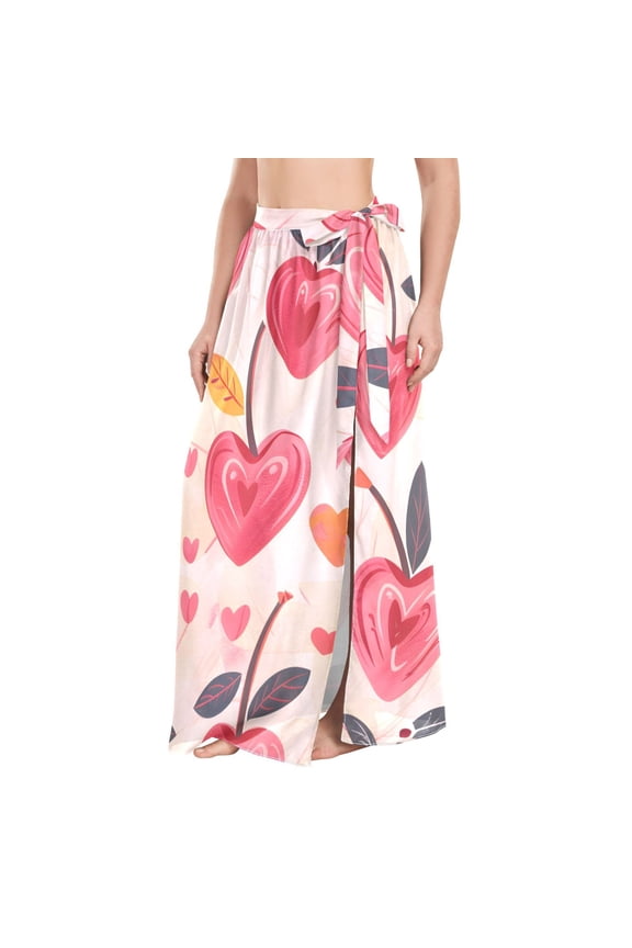 BZSMCE Heart Shape Cherry Pattern Maxi Cover-Up Skirt, Lightweight Quick-Dry Fabric