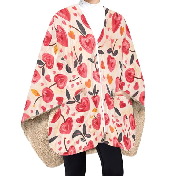 BZSMCE Heart Shape Cherry Pattern Panda and White Cloud Pattern Print Wearable Blanket Poncho DoubleLayer Fleece Sherpa Wrap Blanket With Zipper & Pockets Cozy Sleeveless Warm Throw Blanket