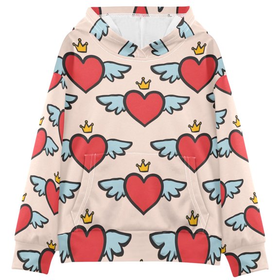 BZSMCE Heart Wings Crown Pattern Print Hoodie Casual Pullover Sweatshirt With Kangaroo Pocket