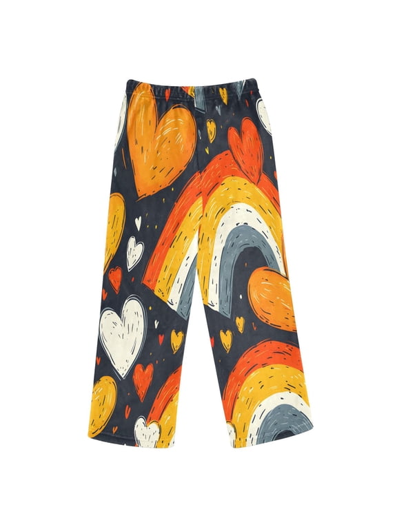 BZSMCE Hearts Rainbow Tile Pattern Printed Loose Fit Flannel Pajama Pants Soft Plush Elastic Waist Loungewear Bottoms with Side Pockets for Indoor Home Wear