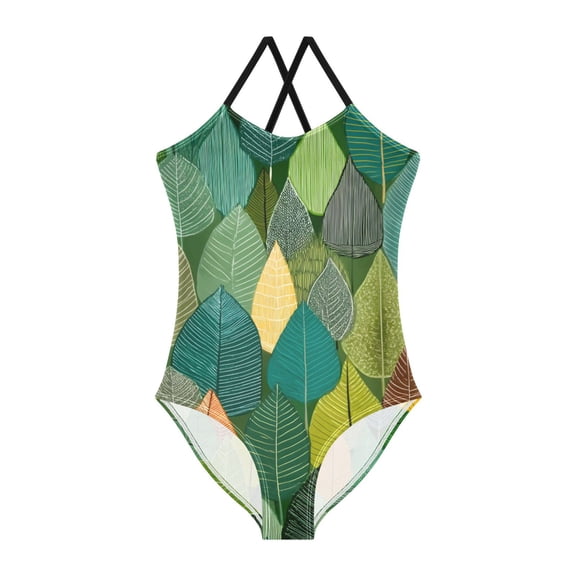 BZSMCE Hi_0leaf Pattern For One-Piece Swimsuit with Crisscross StrapsHi_0Leaf Pattern