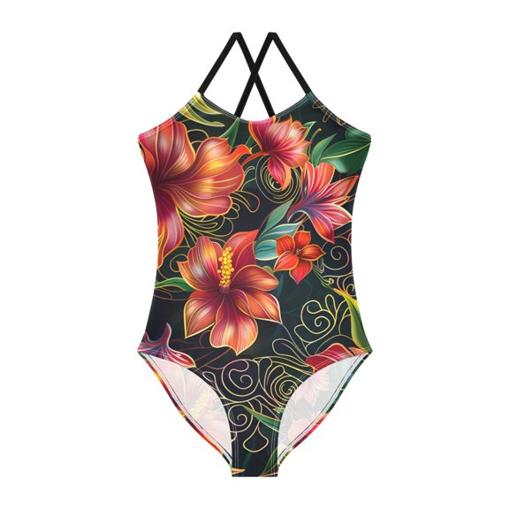 BZSMCE Hibiscus Flower Red Pattern For One-Piece Swimsuit with Crisscross StrapsHibiscus Flower Red Pattern