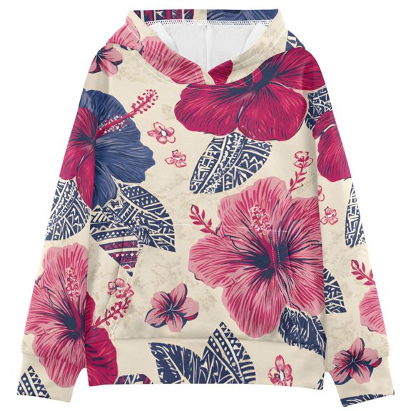 BZSMCE Hibiscus Leaves Pattern Print Hoodie Casual Pullover Sweatshirt With Kangaroo Pocket