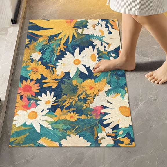 BZSMCE Hippie Dasiy Seamless Pattern 2-Piece Non-Slip Absorbent Bathroom Rug Set, Soft Bath Mat & Toilet Rug