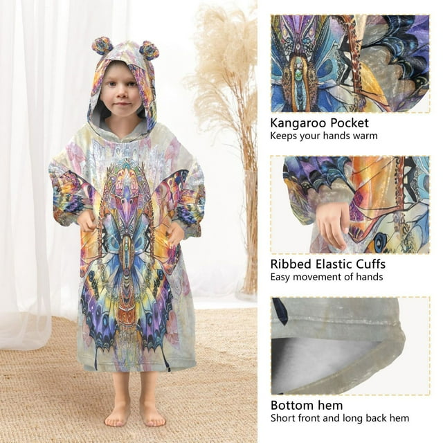 BZSMCE Kids Wearable Blanket Hoodie Warm and Cozy Mandala Butterfly Flannel Sweatshirt