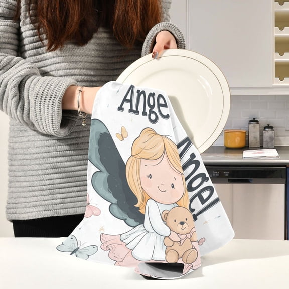 BZSMCE Kitchen Towels Creative Angel Holding Bear Plainting Pattern Durable Kitchen Towel