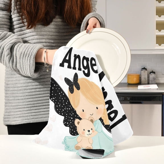 BZSMCE Kitchen Towels Creative Angel Holding Bear Printing Pattern Durable Kitchen Towel