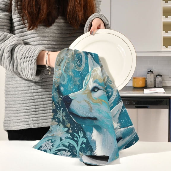 BZSMCE Kitchen Towels Creative Aqua Wolf’s Celestial Bloom Pattern Durable Kitchen Towel