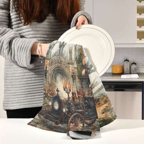 BZSMCE Kitchen Towels Creative Art Steampunk Train Printing Pattern Durable Kitchen Towel