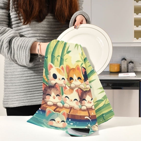BZSMCE Kitchen Towels Creative Bamboo Edge Cats and Fishes Pattern Durable Kitchen Towel