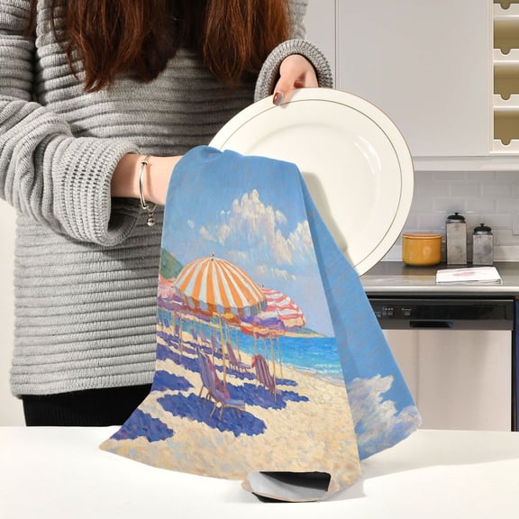 BZSMCE Kitchen Towels Creative Beach Scene Plainting Pattern Durable Kitchen Towel