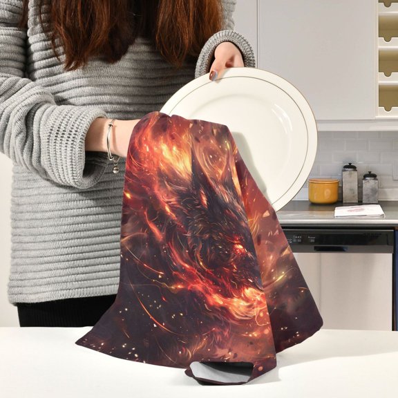 BZSMCE Kitchen Towels Creative Black Wolf Flame Dream Pattern Durable Kitchen Towel