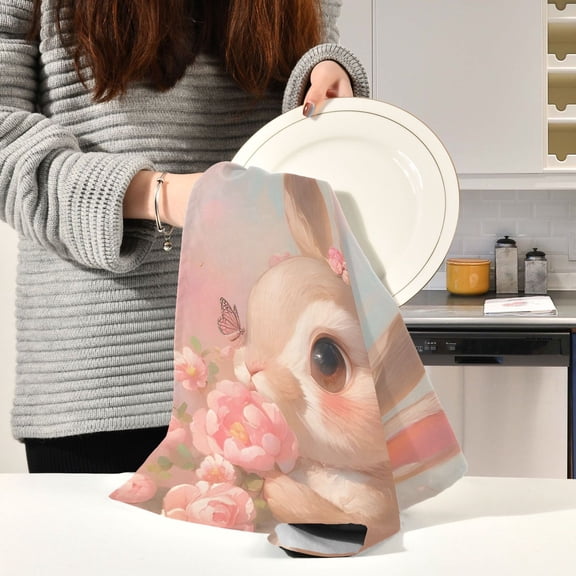 BZSMCE Kitchen Towels Creative Blush Bloom Bunny Pattern Durable Kitchen Towel
