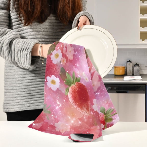 BZSMCE Kitchen Towels Creative Blush Glowing Strawberries Pattern Durable Kitchen Towel