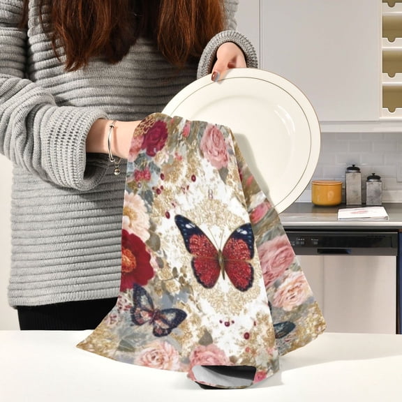 BZSMCE Kitchen Towels Creative Blush Rose Jewel Butterflies Pattern Durable Kitchen Towel