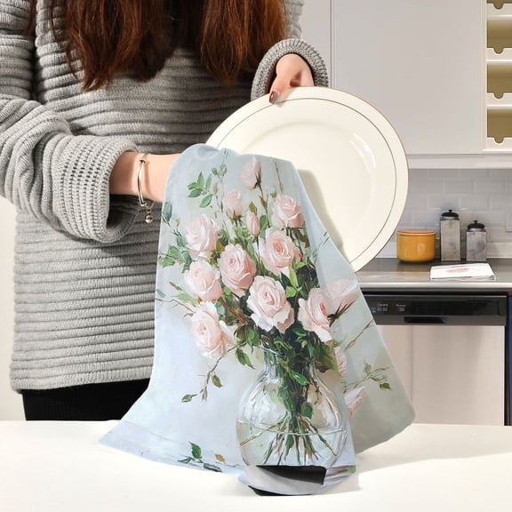 BZSMCE Kitchen Towels Creative Blooming Blush Roses Pattern Durable Kitchen Towel