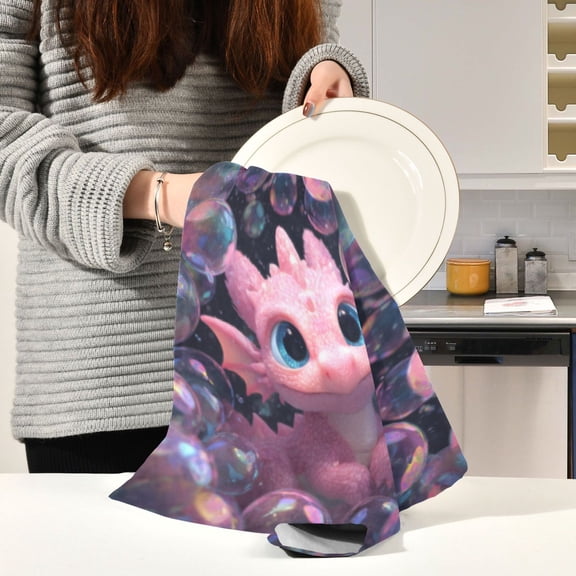 BZSMCE Kitchen Towels Creative Bubbly Pink Dragon's Whimsical World Pattern Durable Kitchen Towel