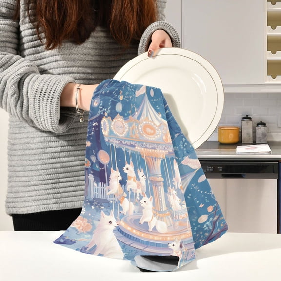 BZSMCE Kitchen Towels Creative Cartoon White Fox Pattern Durable Kitchen Towel