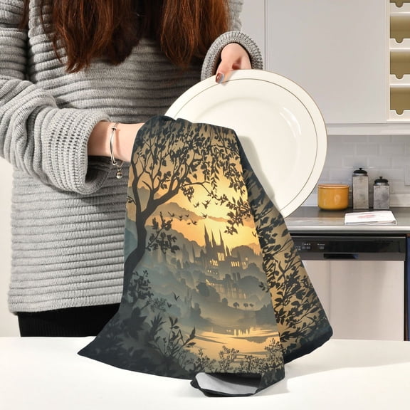 BZSMCE Kitchen Towels Creative Castle in The Forest Pattern Durable Kitchen Towel