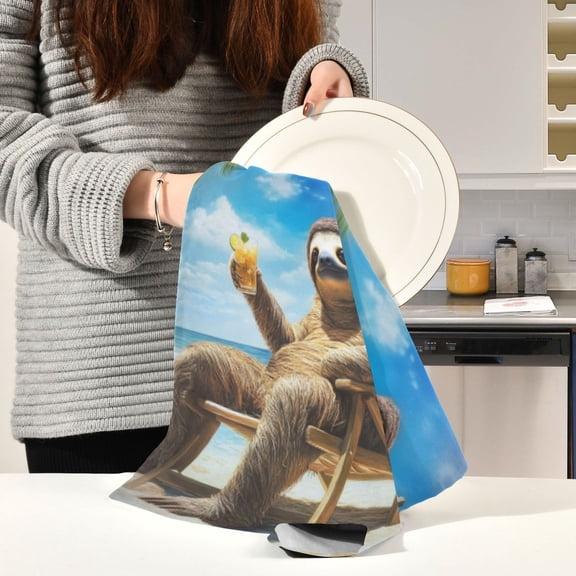 BZSMCE Kitchen Towels Creative Chill Sloth with A Tropical Drink Pattern Durable Kitchen Towel