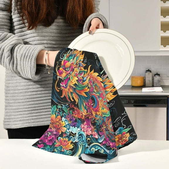 BZSMCE Kitchen Towels Creative Colorful Dragon Pattern Durable Kitchen Towel