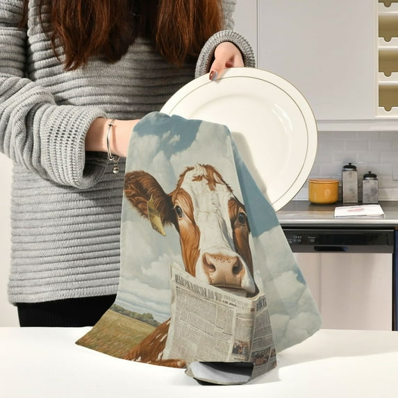 BZSMCE Kitchen Towels Creative Cow Red Newpaper Pattern Durable Kitchen Towel