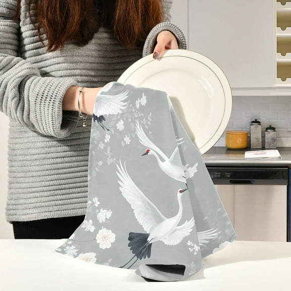BZSMCE Kitchen Towels Creative Crane and White Flowers Pattern Durable Kitchen Towel