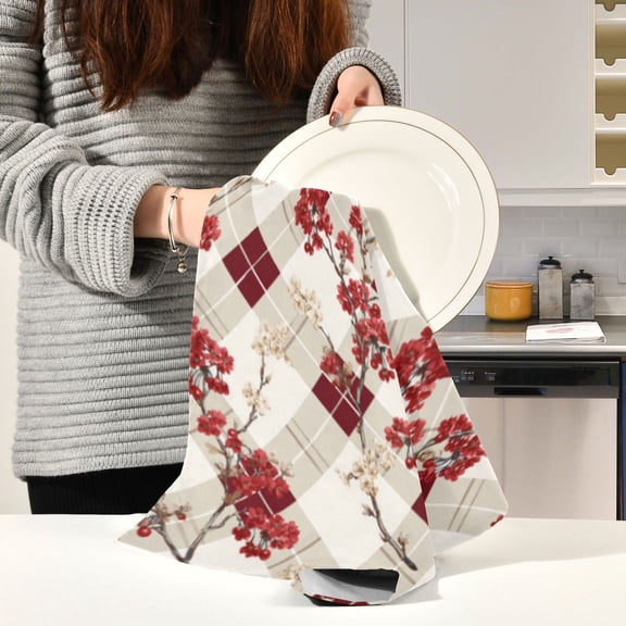 BZSMCE Kitchen Towels Creative Crimson Blooms on Checkered Warmth Pattern Durable Kitchen Towel