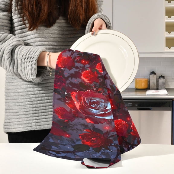 BZSMCE Kitchen Towels Creative Crimson Dark Roses Pattern Durable Kitchen Towel