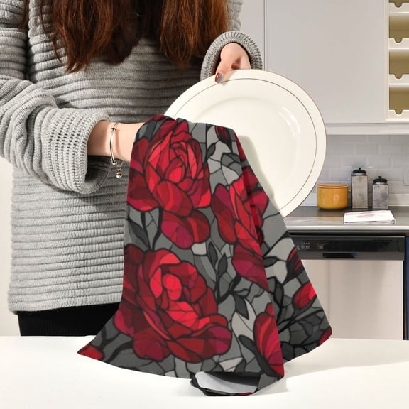 BZSMCE Kitchen Towels Creative Crimson Rose Noir Pattern Durable Kitchen Towel