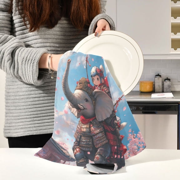 BZSMCE Kitchen Towels Creative Cute Anime Elephant Knight Pattern Durable Kitchen Towel