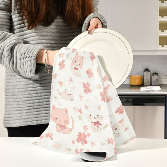 BZSMCE Kitchen Towels Creative Cute Cat and Blossom Pattern Durable Kitchen Towel