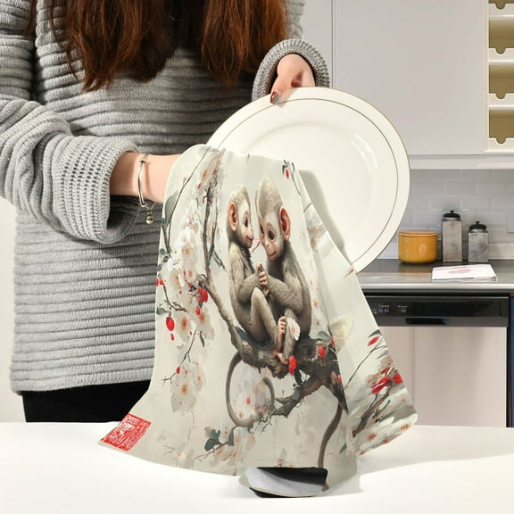 BZSMCE Kitchen Towels Creative Cute Monkey Ink Style Pattern Durable Kitchen Towel