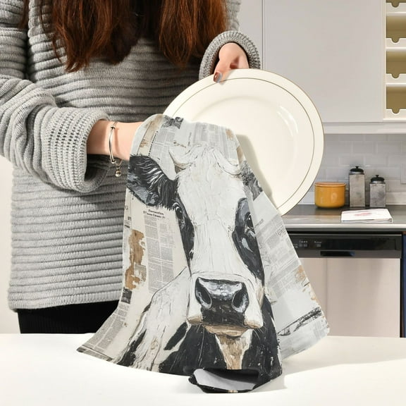 BZSMCE Kitchen Towels Creative Dairy Cattle Painting Pattern Durable Kitchen Towel