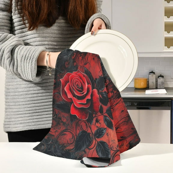 BZSMCE Kitchen Towels Creative Deep Red Rose Pattern Durable Kitchen Towel