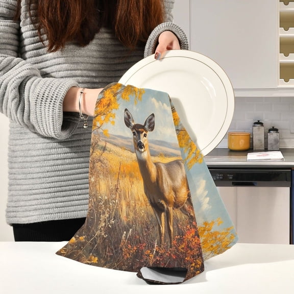 BZSMCE Kitchen Towels Creative Deer in The Autumn Foliage Pattern Durable Kitchen Towel