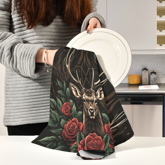 BZSMCE Kitchen Towels Creative Design Deer with Roses Pattern Durable Kitchen Towel