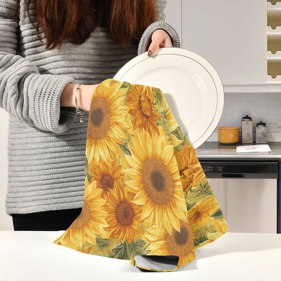 BZSMCE Kitchen Towels Creative Design Sunflower Painting Pattern Durable Kitchen Towel
