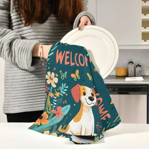 BZSMCE Kitchen Towels Creative Dog Sitting in Garden Pattern Durable Kitchen Towel