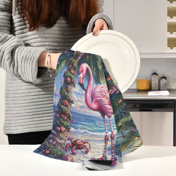 BZSMCE Kitchen Towels Creative Drawing Chrismas Flamingo Pattern Durable Kitchen Towel