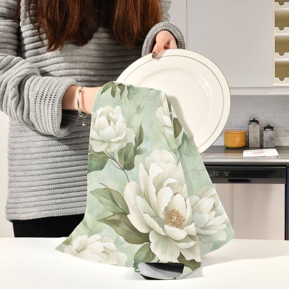 BZSMCE Kitchen Towels Creative Elegant White Peonies Pattern Durable Kitchen Towel