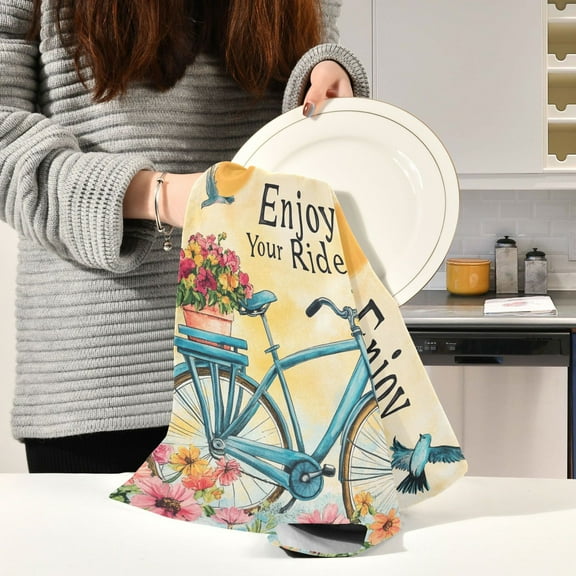BZSMCE Kitchen Towels Creative Enjoy Your Bicycle Pattern Durable Kitchen Towel