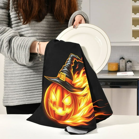 BZSMCE Kitchen Towels Creative Flame Pumpkin Pattern Durable Kitchen Towel