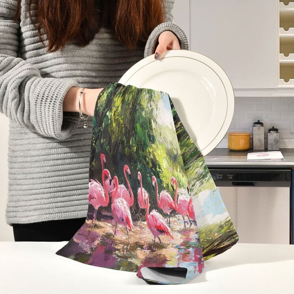 BZSMCE Kitchen Towels Creative Flamingos in The Forest Pattern Durable Kitchen Towel