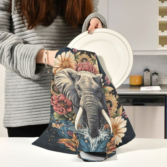 BZSMCE Kitchen Towels Creative Florals Elephant Pattern Durable Kitchen Towel
