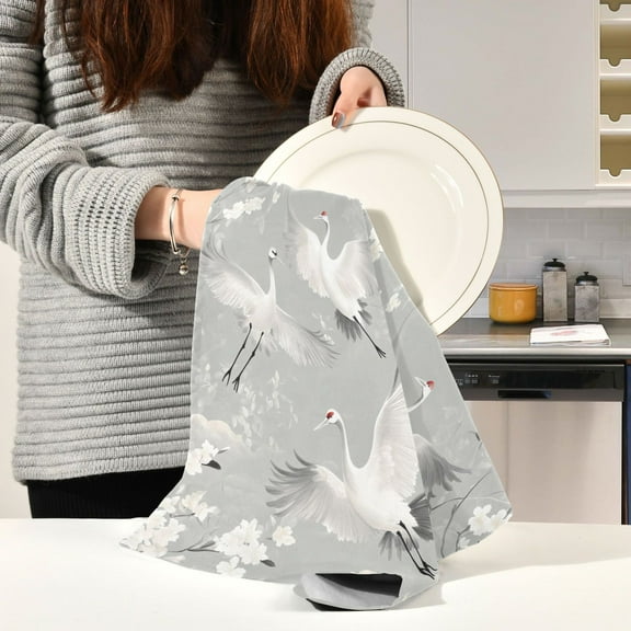 BZSMCE Kitchen Towels Creative Fly Crane White Blossom Pattern Durable Kitchen Towel