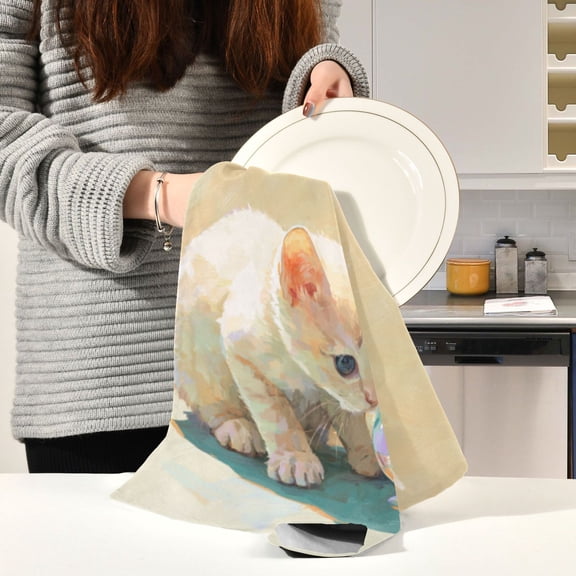 BZSMCE Kitchen Towels Creative Ginger Kitten & Sphere Pattern Durable Kitchen Towel
