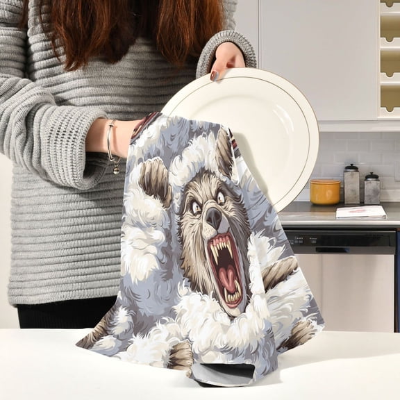 BZSMCE Kitchen Towels Creative Grey Wofl Pattern Pattern Durable Kitchen Towel